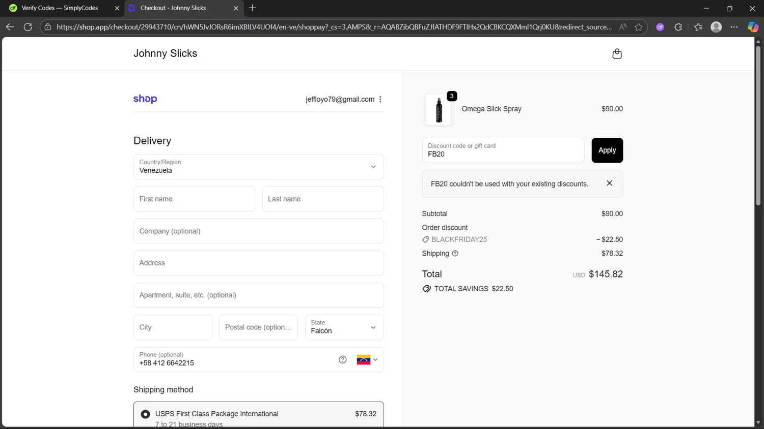 Johnny Slicks discount code screenshot showing code FB20 applied at Johnny Slicks checkout page. Uploaded by SimplyCodes community member MightyHunter5940 on Nov 15, 2025