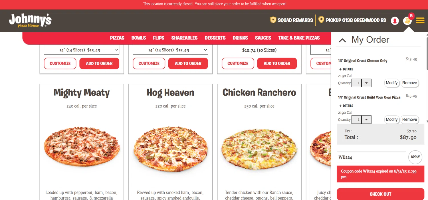 Johnny's Pizza House promo code screenshot showing code WB224 applied at Johnny's Pizza House checkout page. Uploaded by SimplyCodes community member Gray_75 on Sep 26, 2025