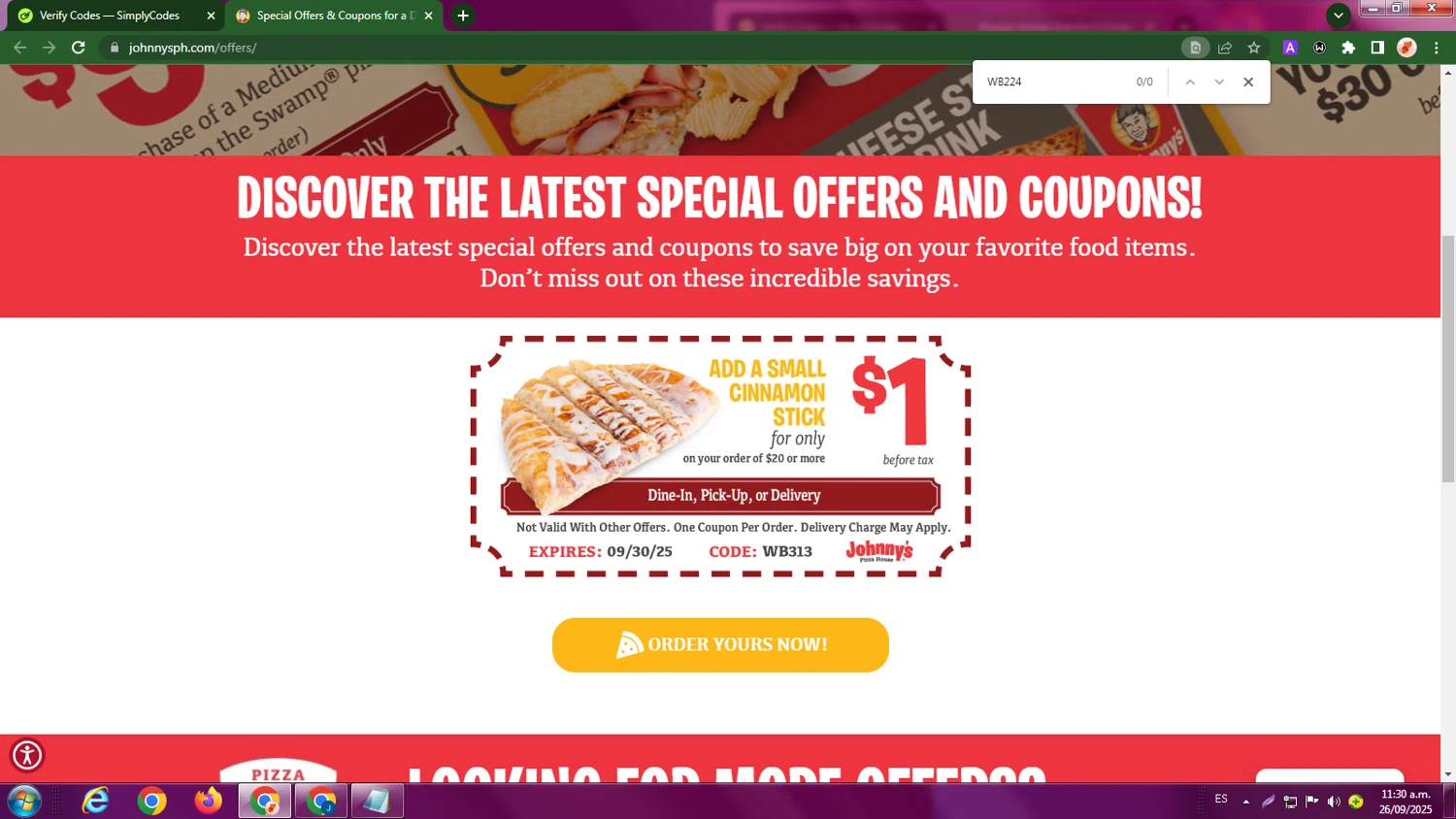 Johnny's Pizza House promo code screenshot showing code WB224 applied at Johnny's Pizza House checkout page. Uploaded by SimplyCodes community member LegendaryBoss7060 on Sep 26, 2025