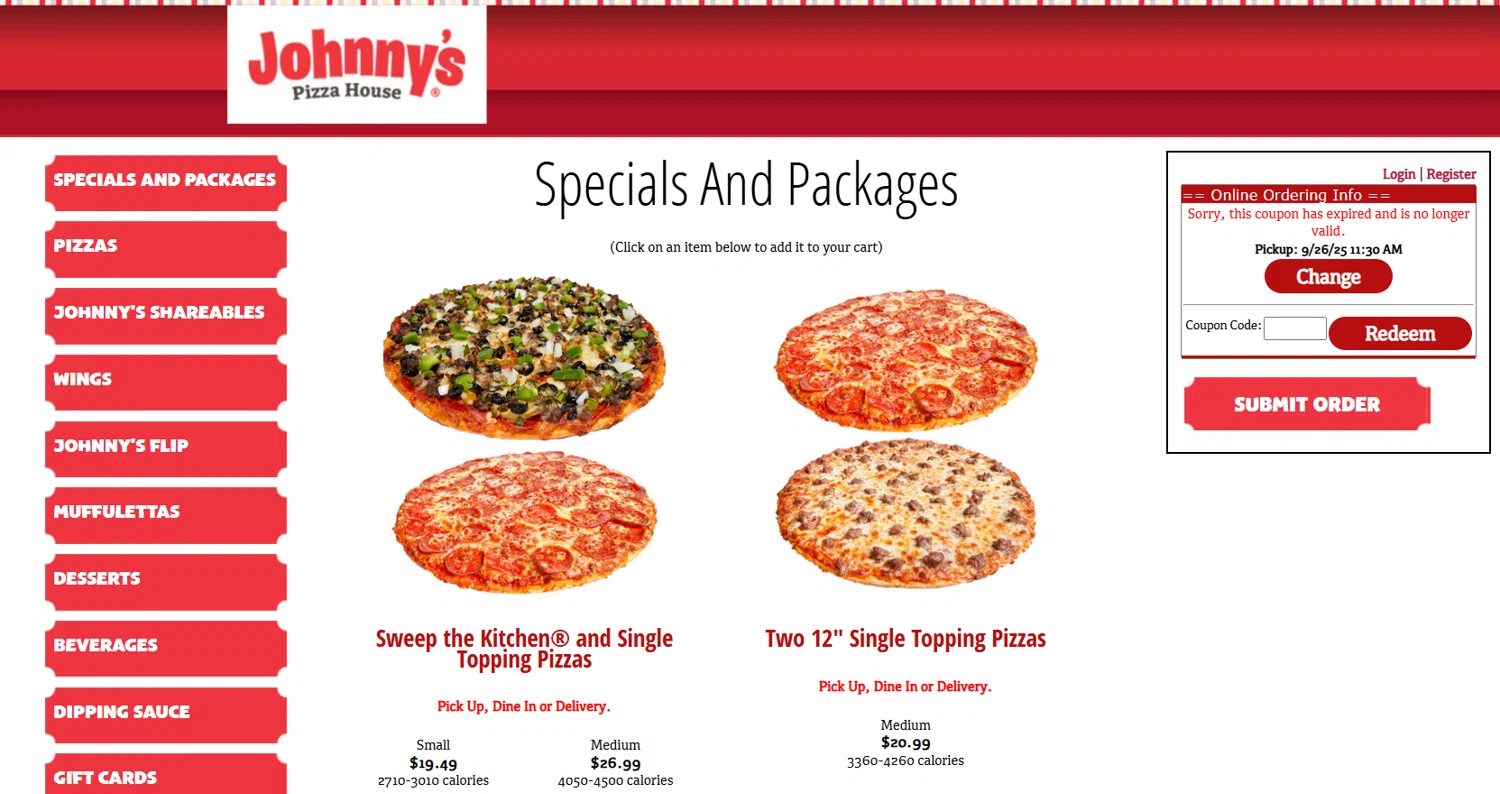 Johnny's Pizza House promo code screenshot showing code WB224 applied at Johnny's Pizza House checkout page. Uploaded by SimplyCodes community member Nohely on Sep 26, 2025
