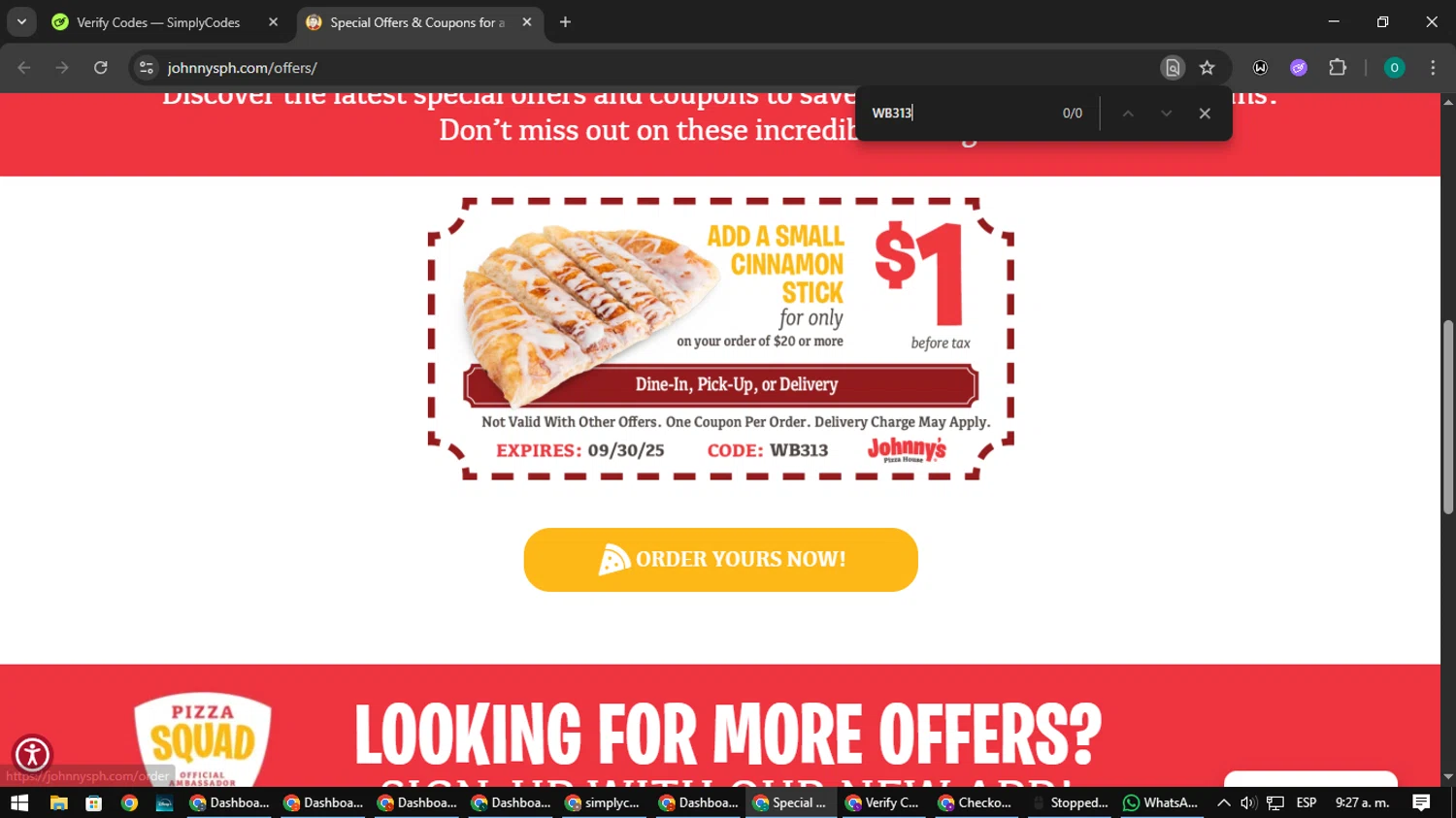 Johnny's Pizza House checkout page showing Johnny's Pizza House promo code box | Screenshot taken by SimplyCodes community member on Sep 6, 2025