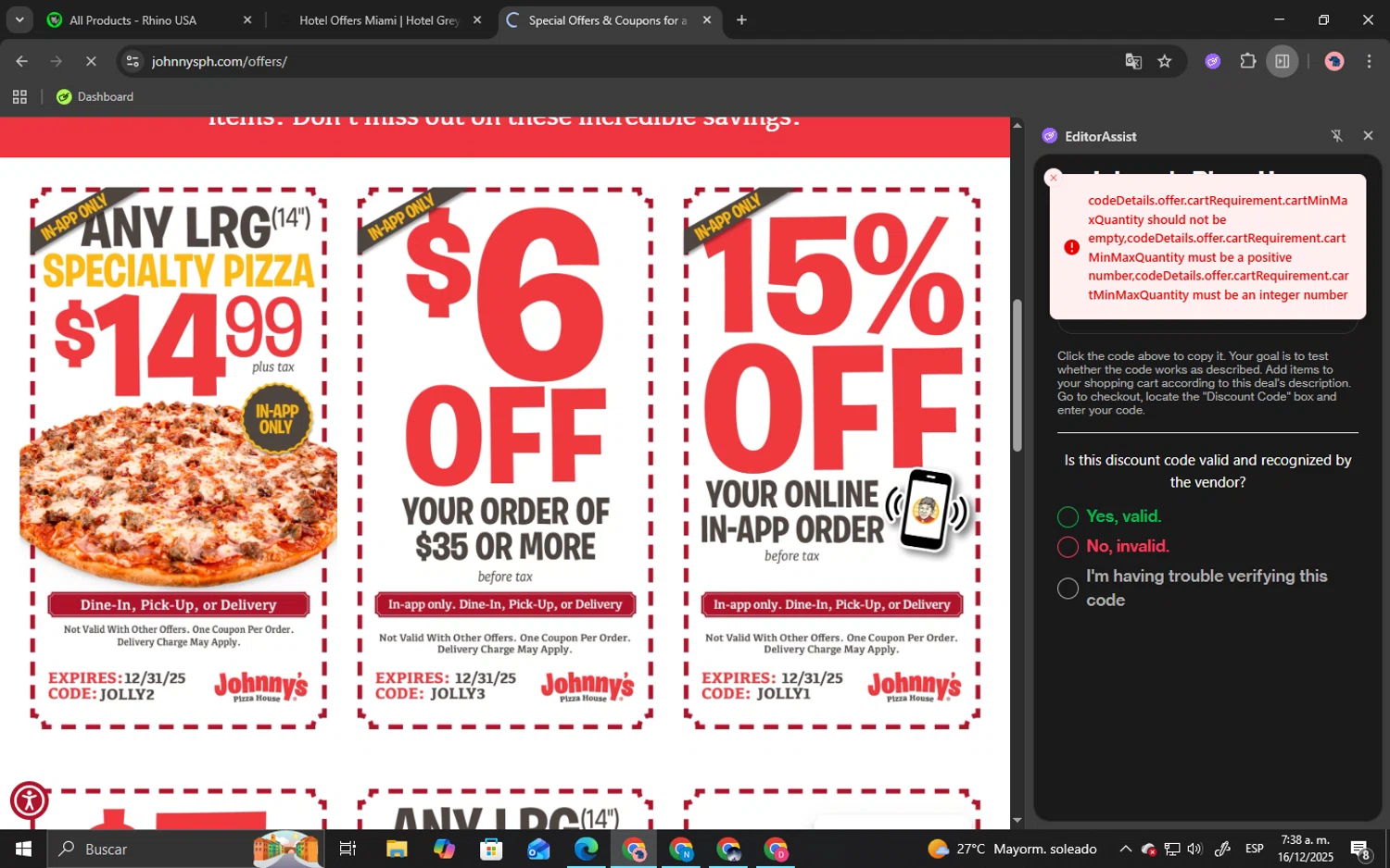 Johnny's Pizza House promo code screenshot showing code Jolly2 applied at Johnny's Pizza House checkout page. Uploaded by SimplyCodes community member NezzNamelees on Dec 16, 2025
