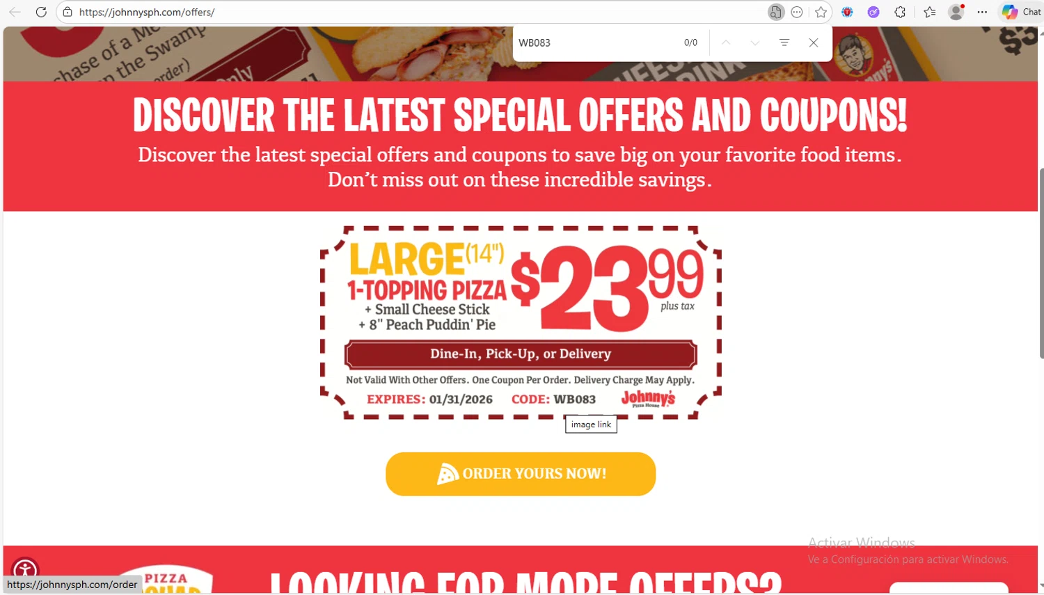 Johnny's Pizza House checkout page showing Johnny's Pizza House promo code box | Screenshot taken by SimplyCodes community member on Jan 25, 2026