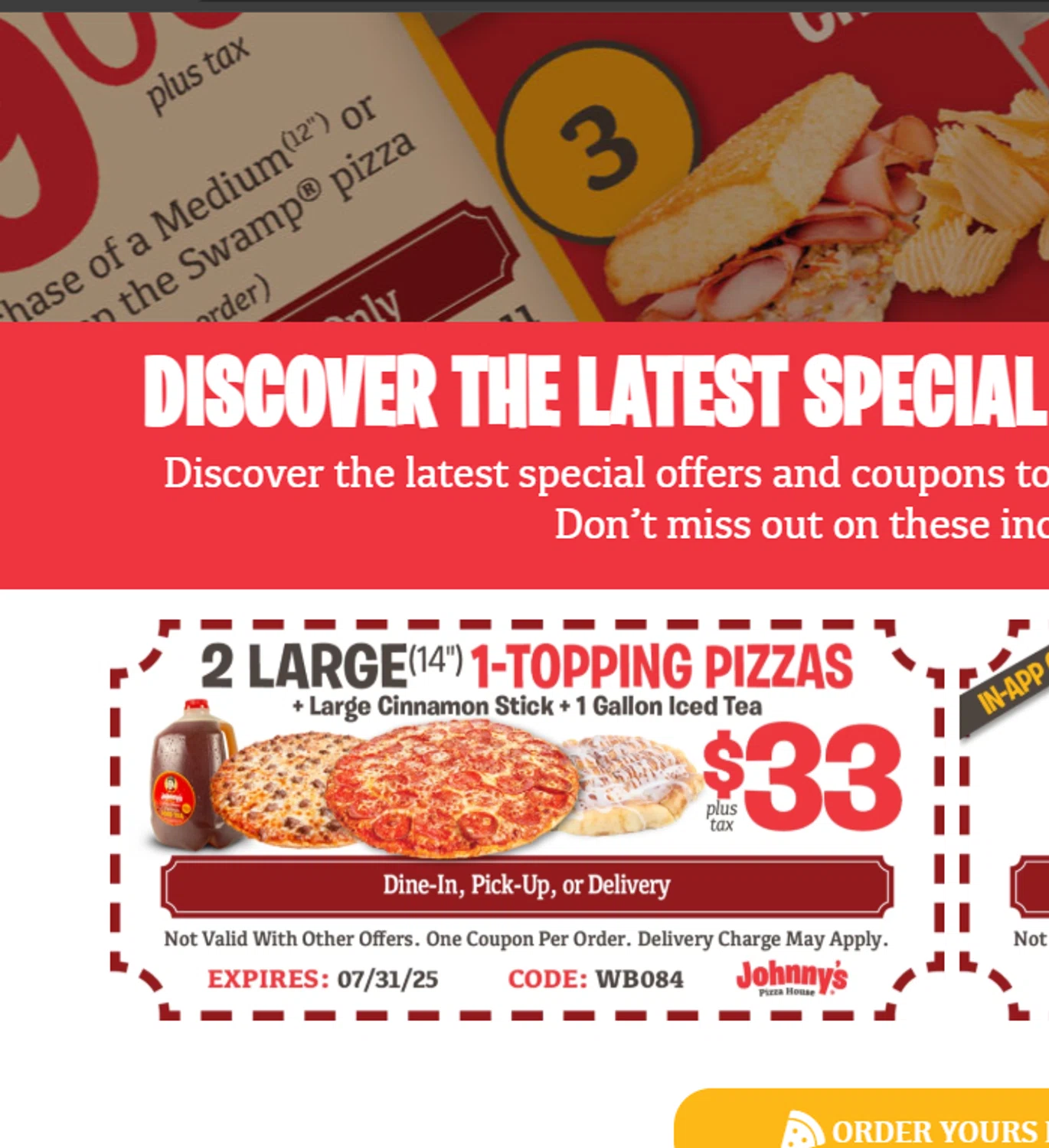 Johnny's Pizza House promo code screenshot showing code WB084 applied at Johnny's Pizza House checkout page. Uploaded by SimplyCodes community member Dejadepicharme on Jul 1, 2025