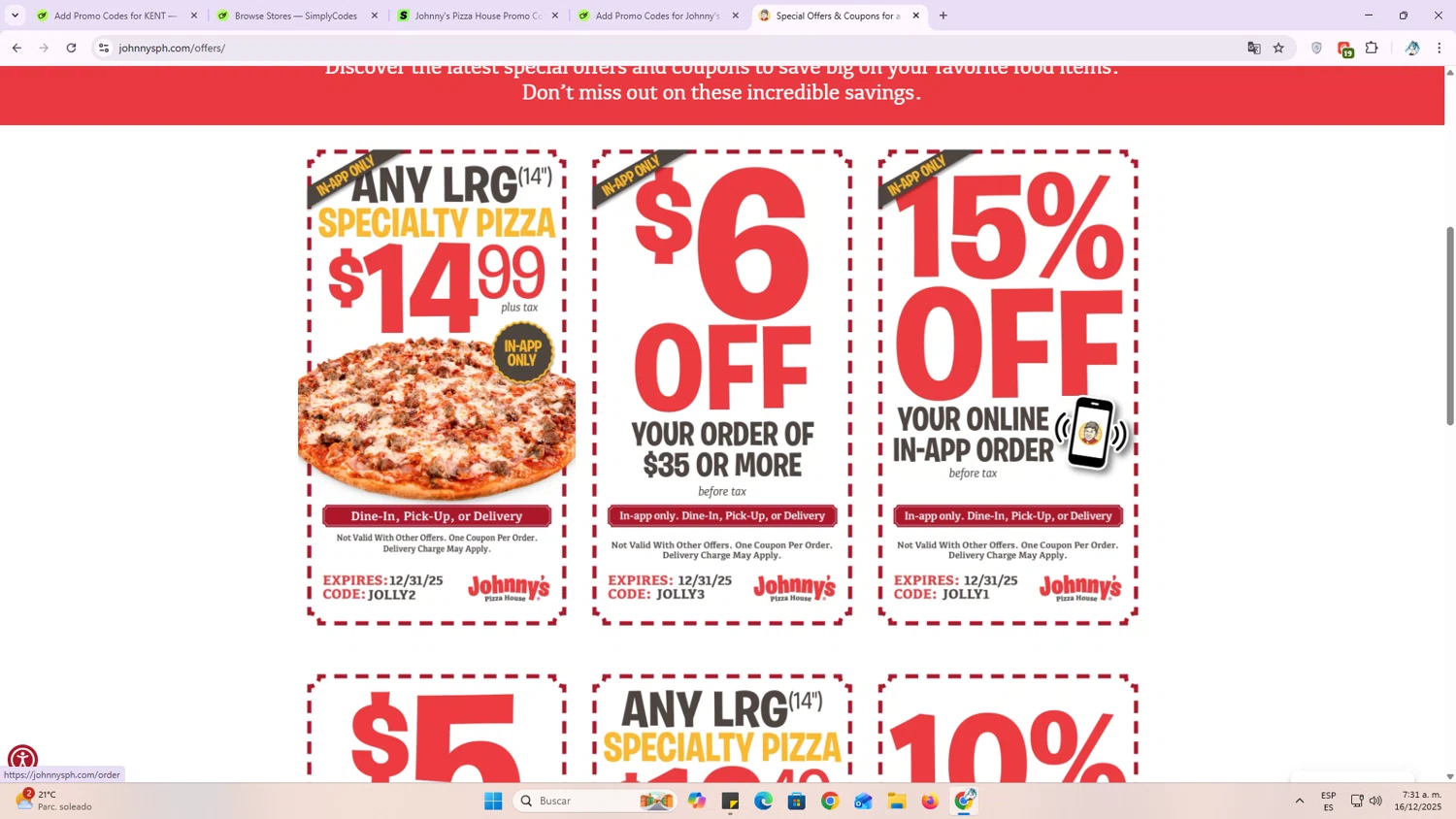 Johnny's Pizza House promo code screenshot showing code Jolly2 applied at Johnny's Pizza House checkout page. Uploaded by SimplyCodes community member OriCarol on Dec 16, 2025