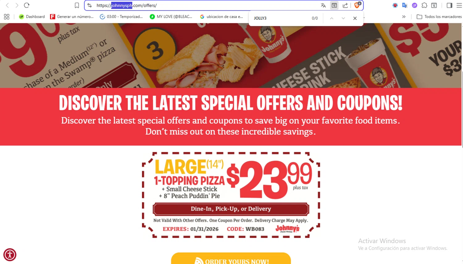 Johnny's Pizza House promo code screenshot showing code WB083 applied at Johnny's Pizza House checkout page. Uploaded by SimplyCodes community member VoucherFalcon3942 on Jan 25, 2026