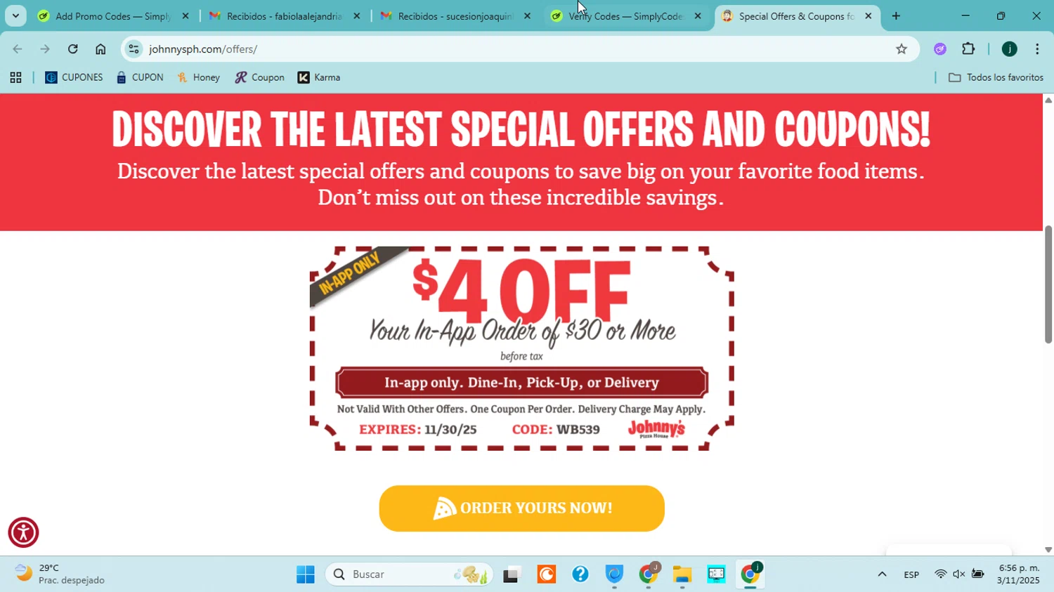 Johnny's Pizza House promo code screenshot showing code WB539 applied at Johnny's Pizza House checkout page. Uploaded by SimplyCodes community member jorgejavierherrera on Nov 3, 2025