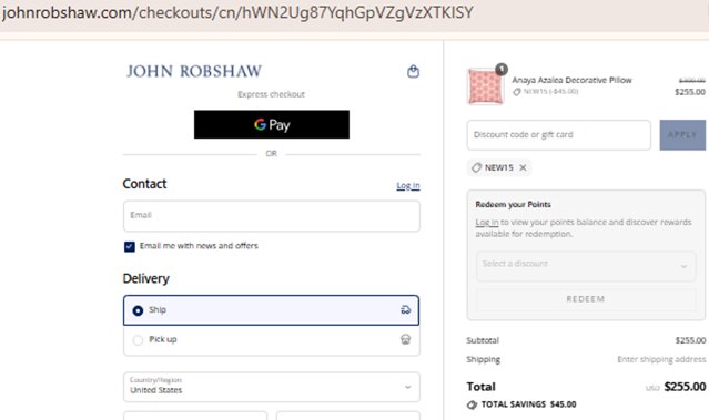 John Robshaw checkout page showing John Robshaw promo code box | Screenshot taken by SimplyCodes community member on Sep 2, 2025