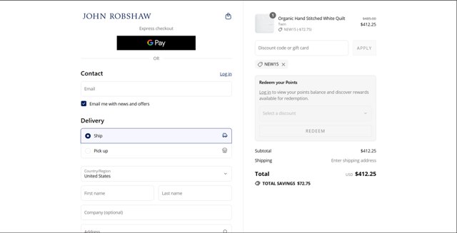 John Robshaw checkout page showing John Robshaw promo code box | Screenshot taken by SimplyCodes community member on Aug 28, 2025
