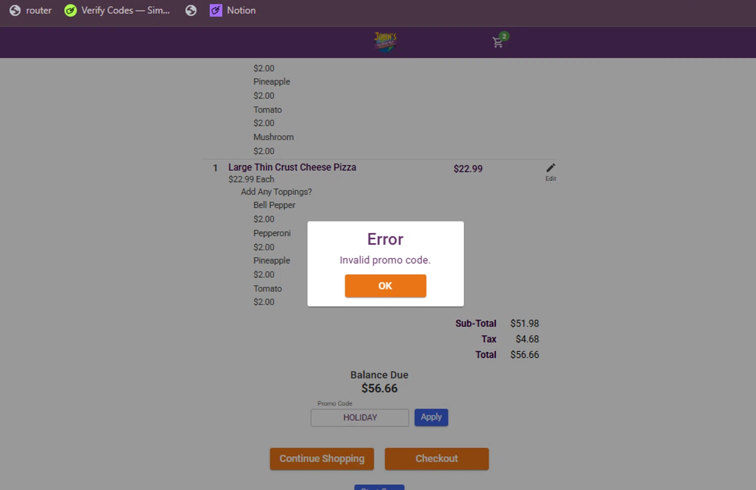 John's Incredible Pizza promo code screenshot showing code HOLIDAY applied at John's Incredible Pizza checkout page. Uploaded by SimplyCodes community member JannyiseaN on Dec 6, 2025