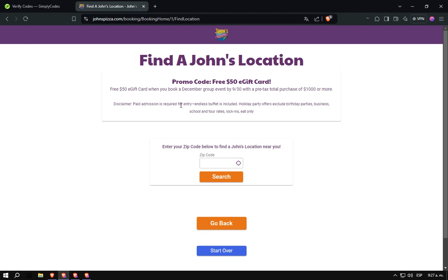 John's Incredible Pizza checkout page showing John's Incredible Pizza promo code box | Screenshot taken by SimplyCodes community member on Sep 4, 2024