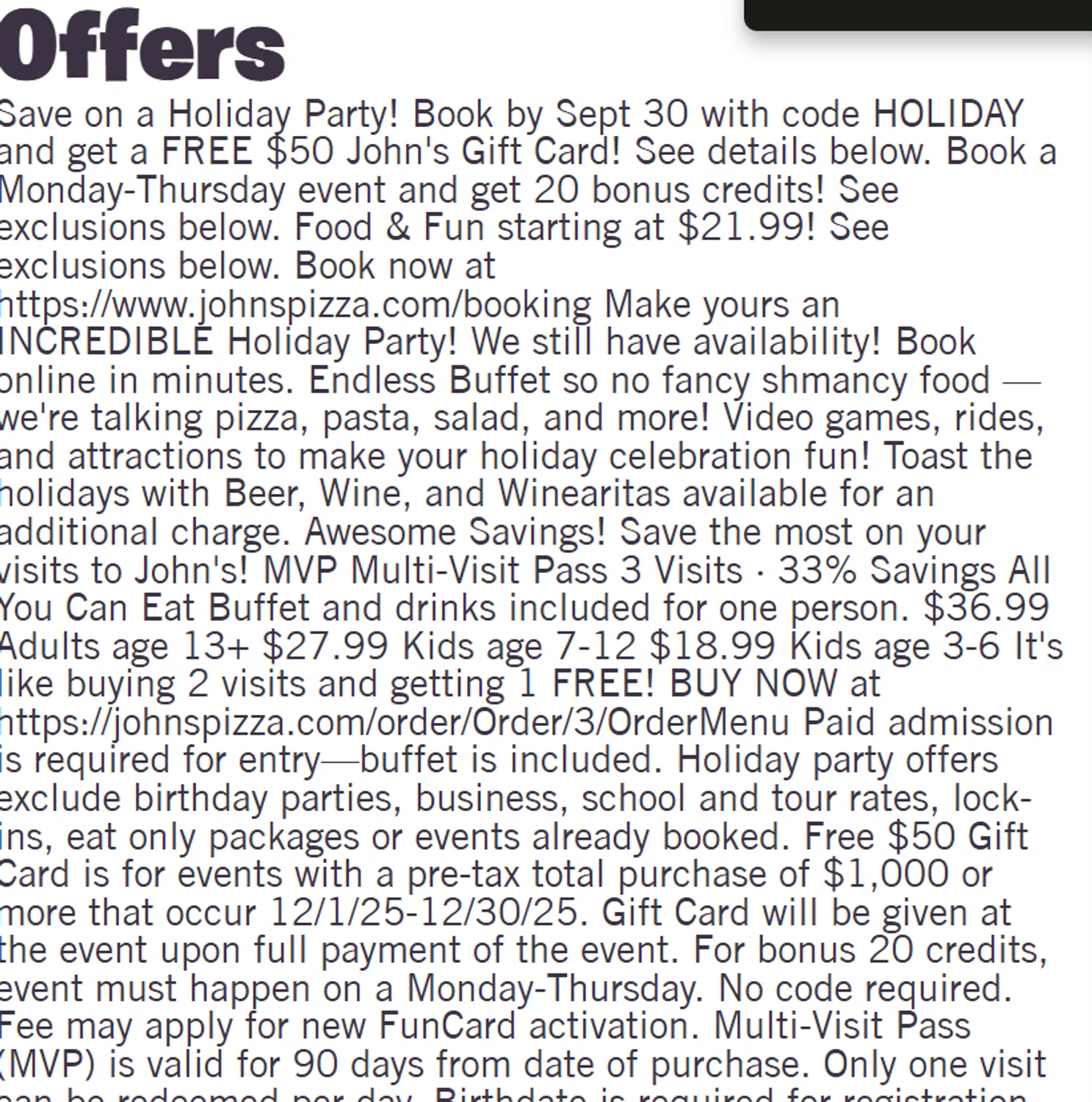 John's Incredible Pizza checkout page showing John's Incredible Pizza promo code box | Screenshot taken by SimplyCodes community member on Sep 26, 2025