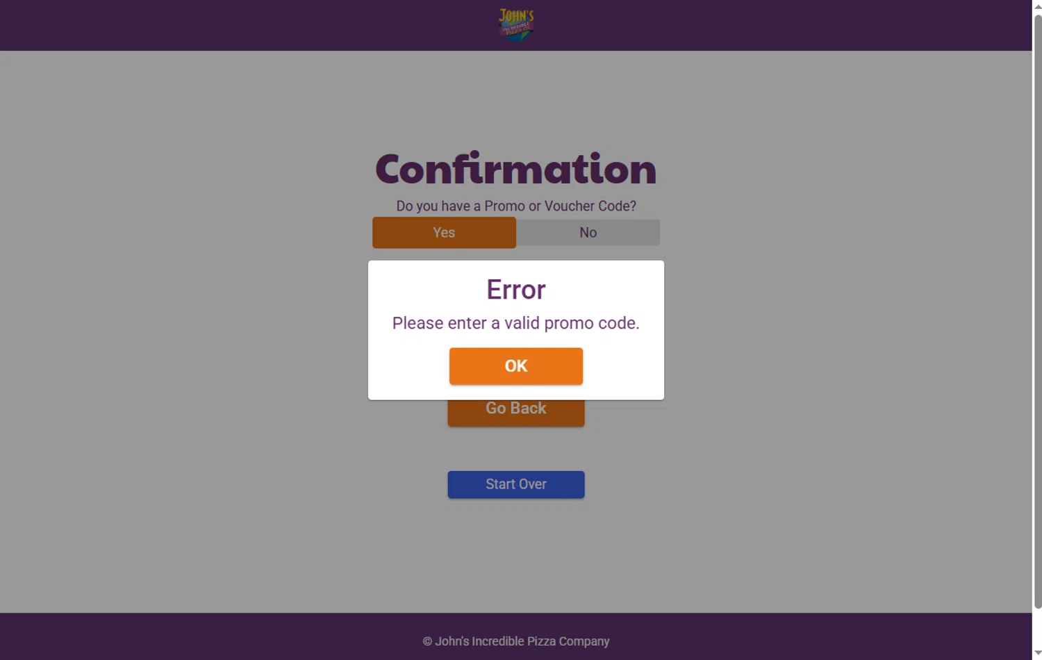 John's Incredible Pizza promo code screenshot showing code HOLIDAY applied at John's Incredible Pizza checkout page. Uploaded by SimplyCodes community member omardaal on Dec 5, 2025