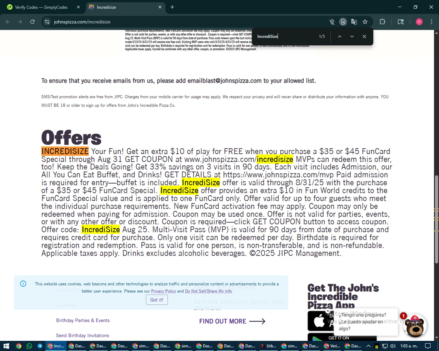 John's Incredible Pizza checkout page showing John's Incredible Pizza promo code box | Screenshot taken by SimplyCodes community member on Aug 28, 2025