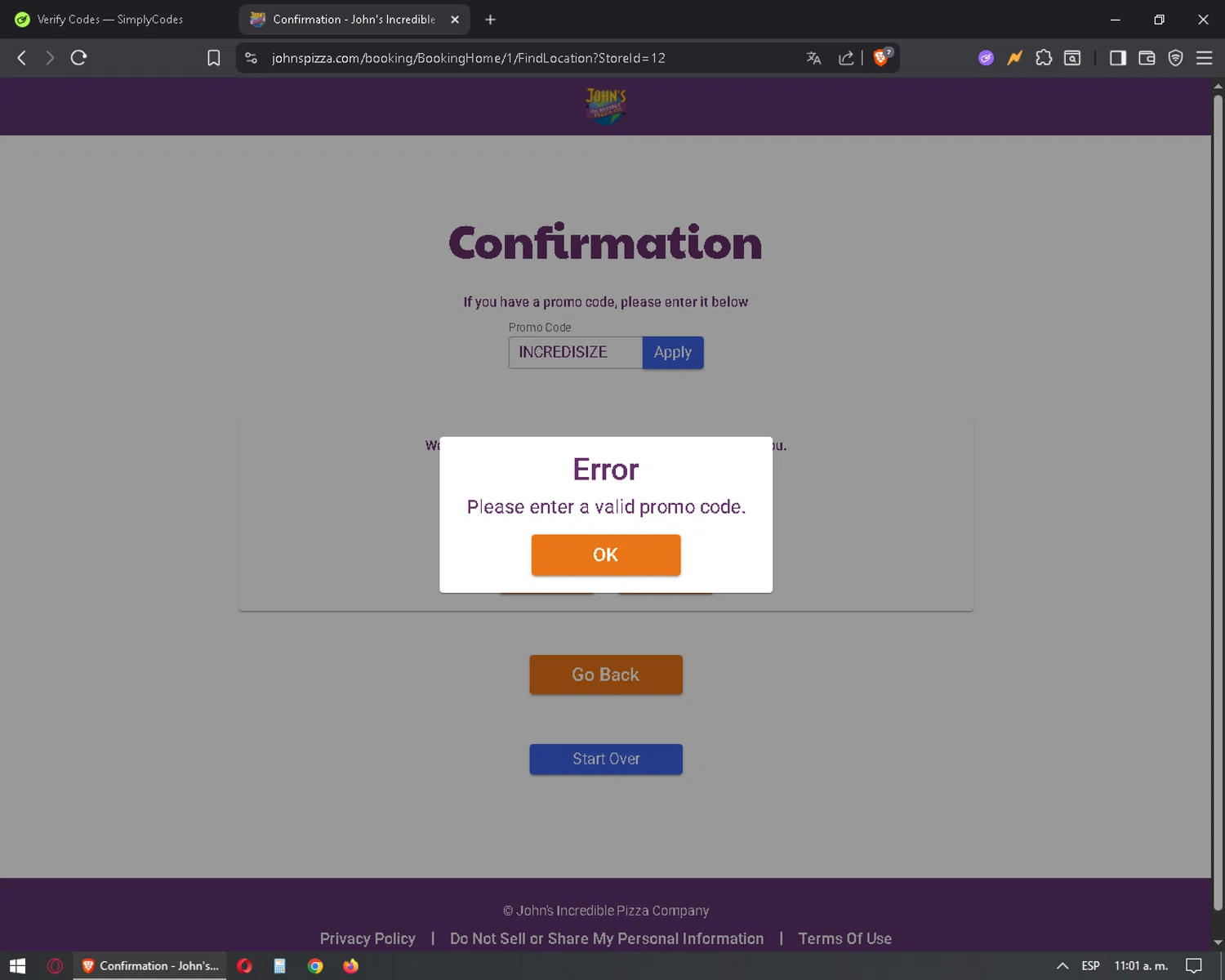 John's Incredible Pizza promo code screenshot showing code IncrediSize applied at John's Incredible Pizza checkout page. Uploaded by SimplyCodes community member mixelis on Sep 26, 2025