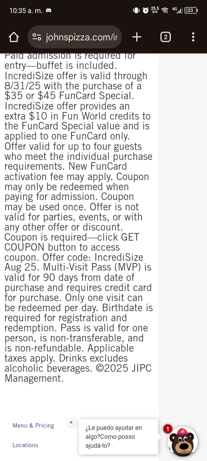 John's Incredible Pizza promo code screenshot showing code IncrediSize applied at John's Incredible Pizza checkout page. Uploaded by SimplyCodes community member rickdanielrickdaniel on Sep 26, 2025