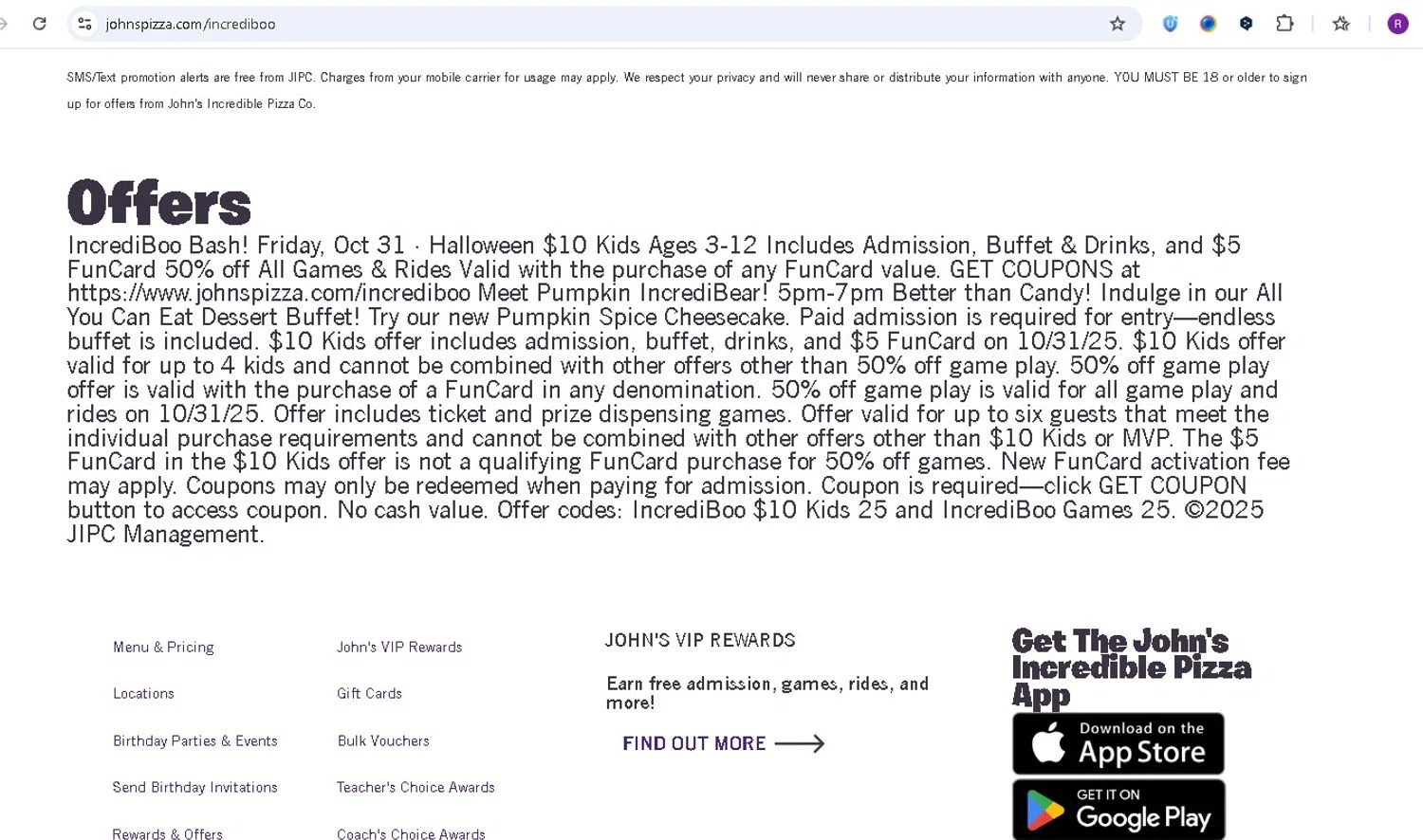 John's Incredible Pizza promo code screenshot showing code IncrediBoo applied at John's Incredible Pizza checkout page. Uploaded by SimplyCodes community member LAMINEJAMAL on Oct 29, 2025