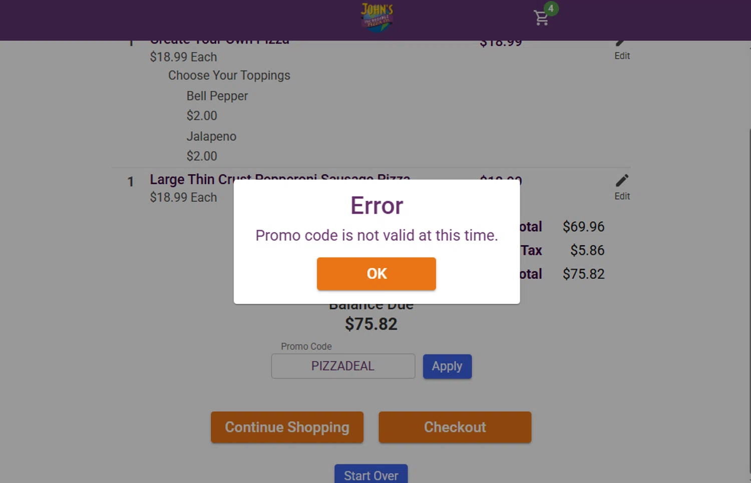 John's Incredible Pizza promo code screenshot showing code PIZZADEAL applied at John's Incredible Pizza checkout page. Uploaded by SimplyCodes community member CashSaver3941 on Dec 19, 2025