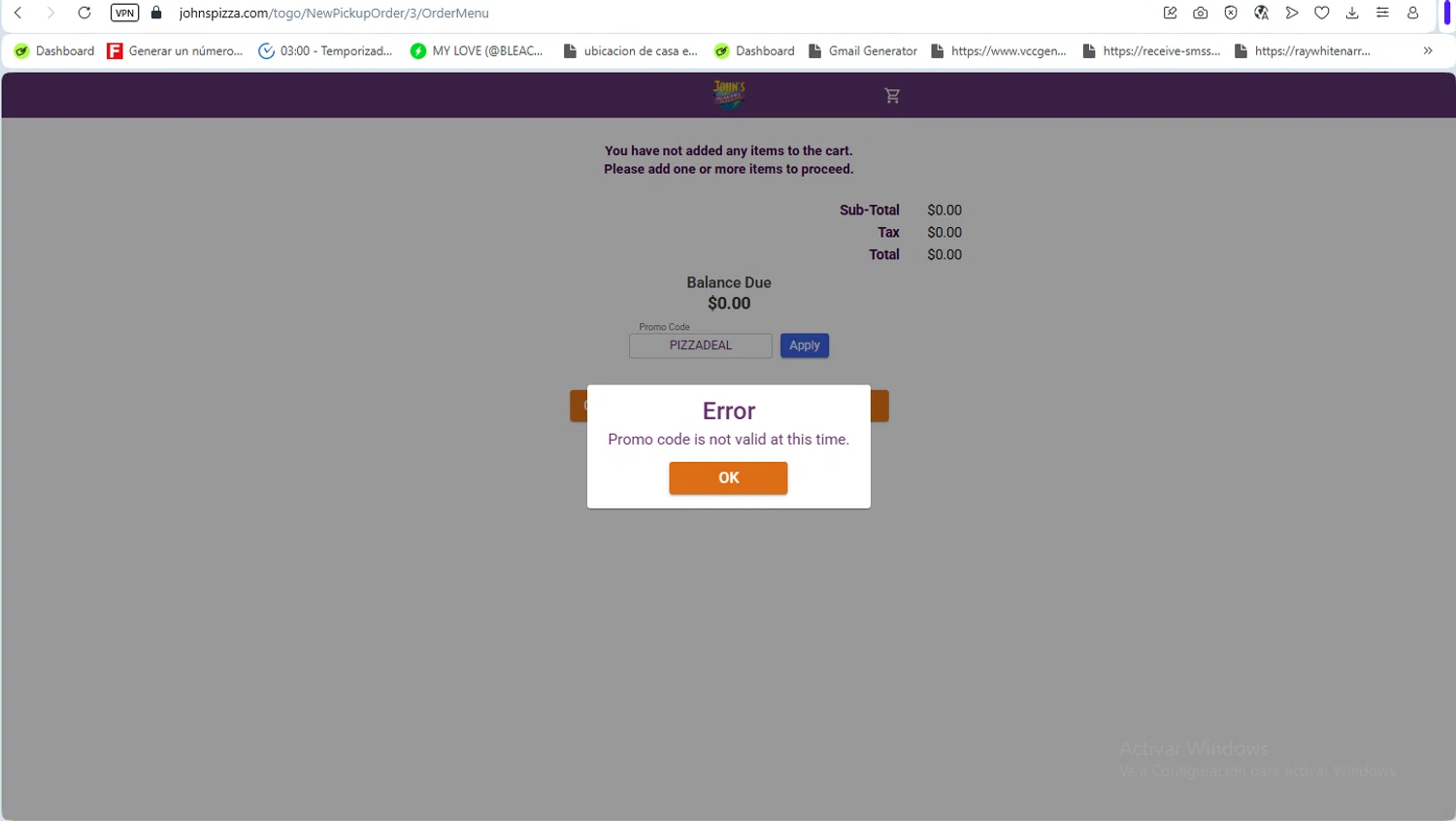 John's Incredible Pizza promo code screenshot showing code PIZZADEAL applied at John's Incredible Pizza checkout page. Uploaded by SimplyCodes community member ScanSaver5253 on Dec 19, 2025