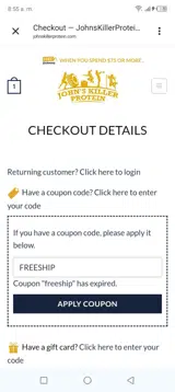 John's Killer Protein coupon verification screenshot