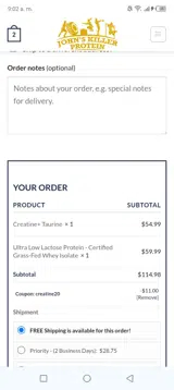 John's Killer Protein coupon verification screenshot