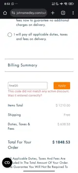 final20 coupon verification screenshot