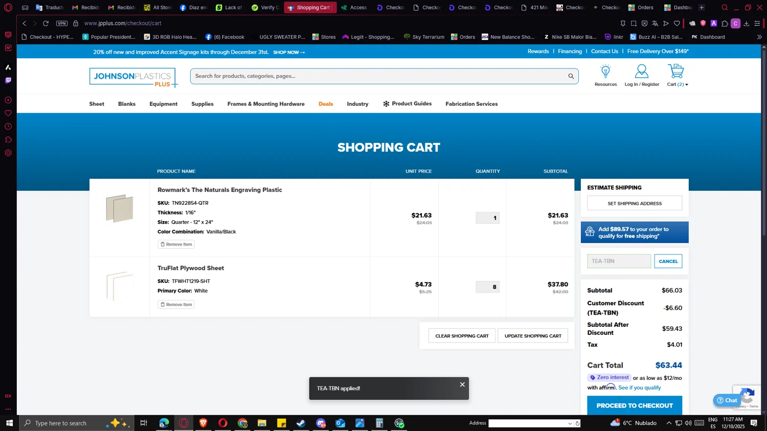 Johnson Plastics Plus promo code screenshot showing code TEA-TBN applied at Johnson Plastics Plus checkout page. Uploaded by SimplyCodes community member PrimeMaverick5747 on Dec 10, 2025