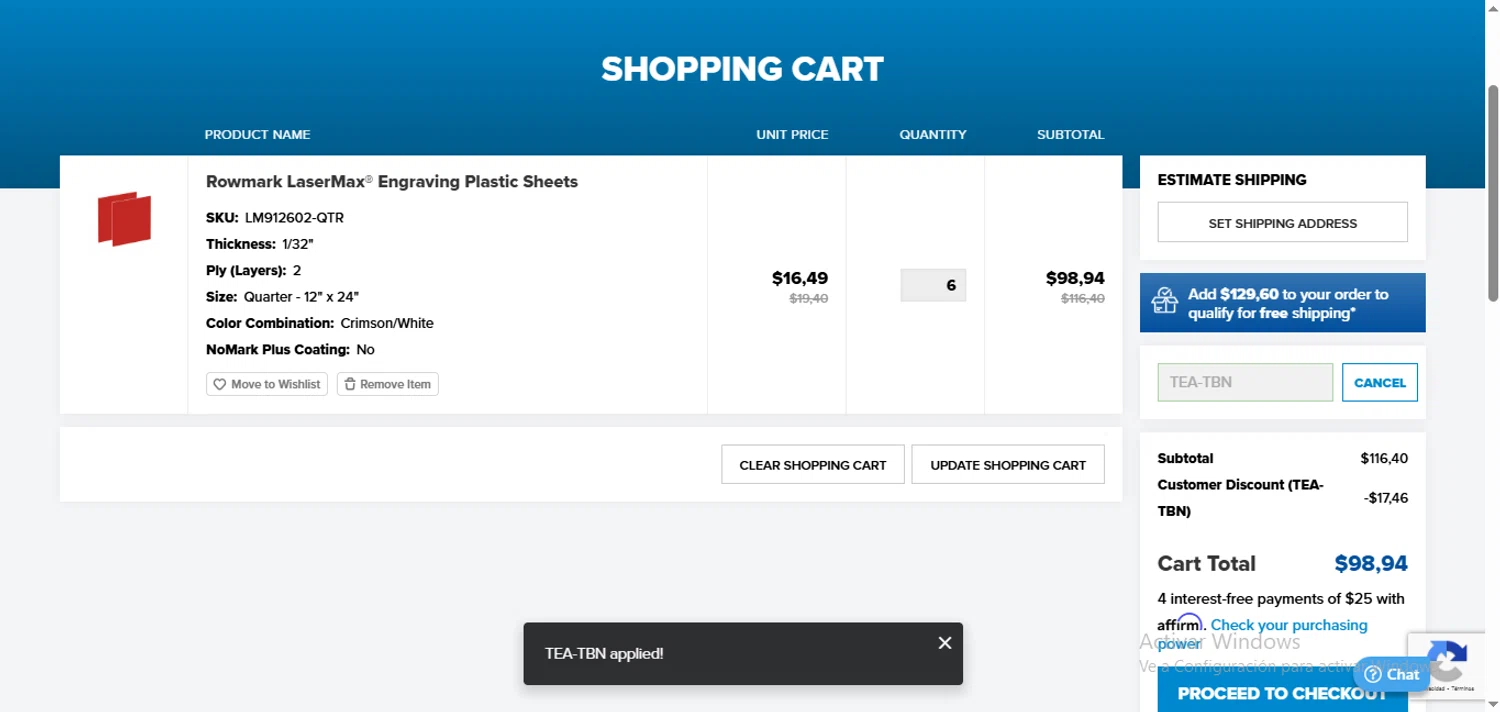 Johnson Plastics Plus promo code screenshot showing code TEA-TBN applied at Johnson Plastics Plus checkout page. Uploaded by SimplyCodes community member ValueGenius9720 on Mar 21, 2025