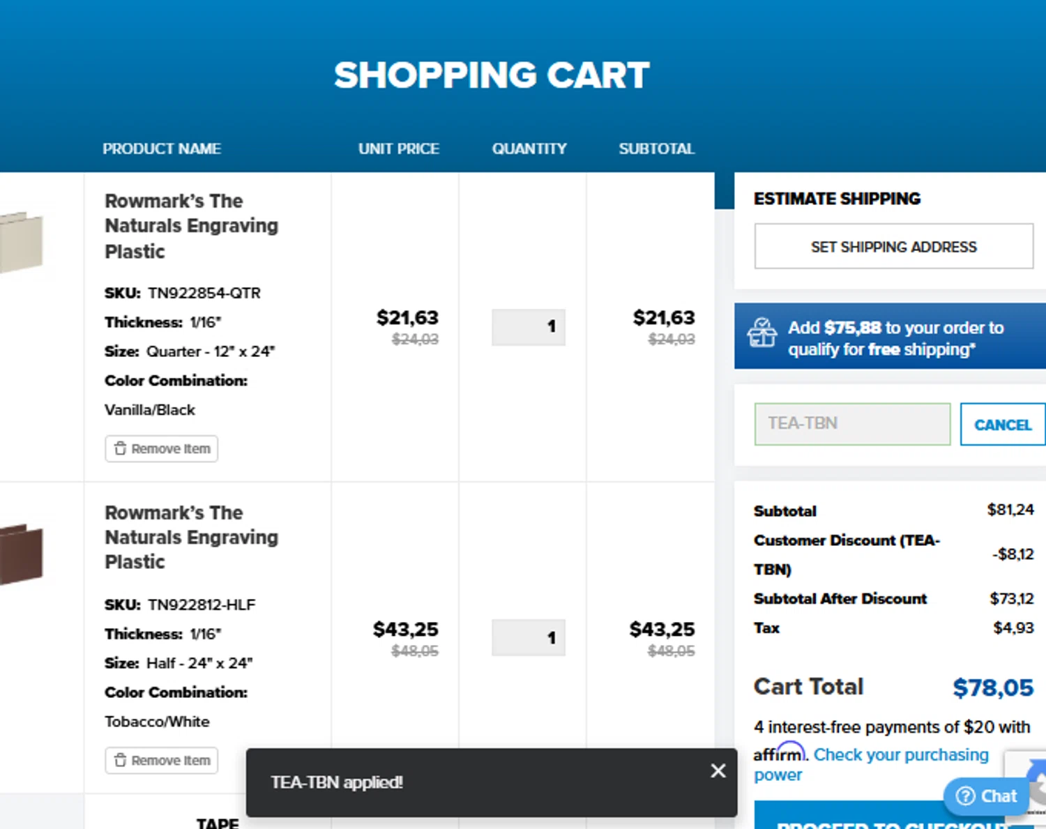 Johnson Plastics Plus promo code screenshot showing code TEA-TBN applied at Johnson Plastics Plus checkout page. Uploaded by SimplyCodes community member alfock22 on Jul 24, 2025