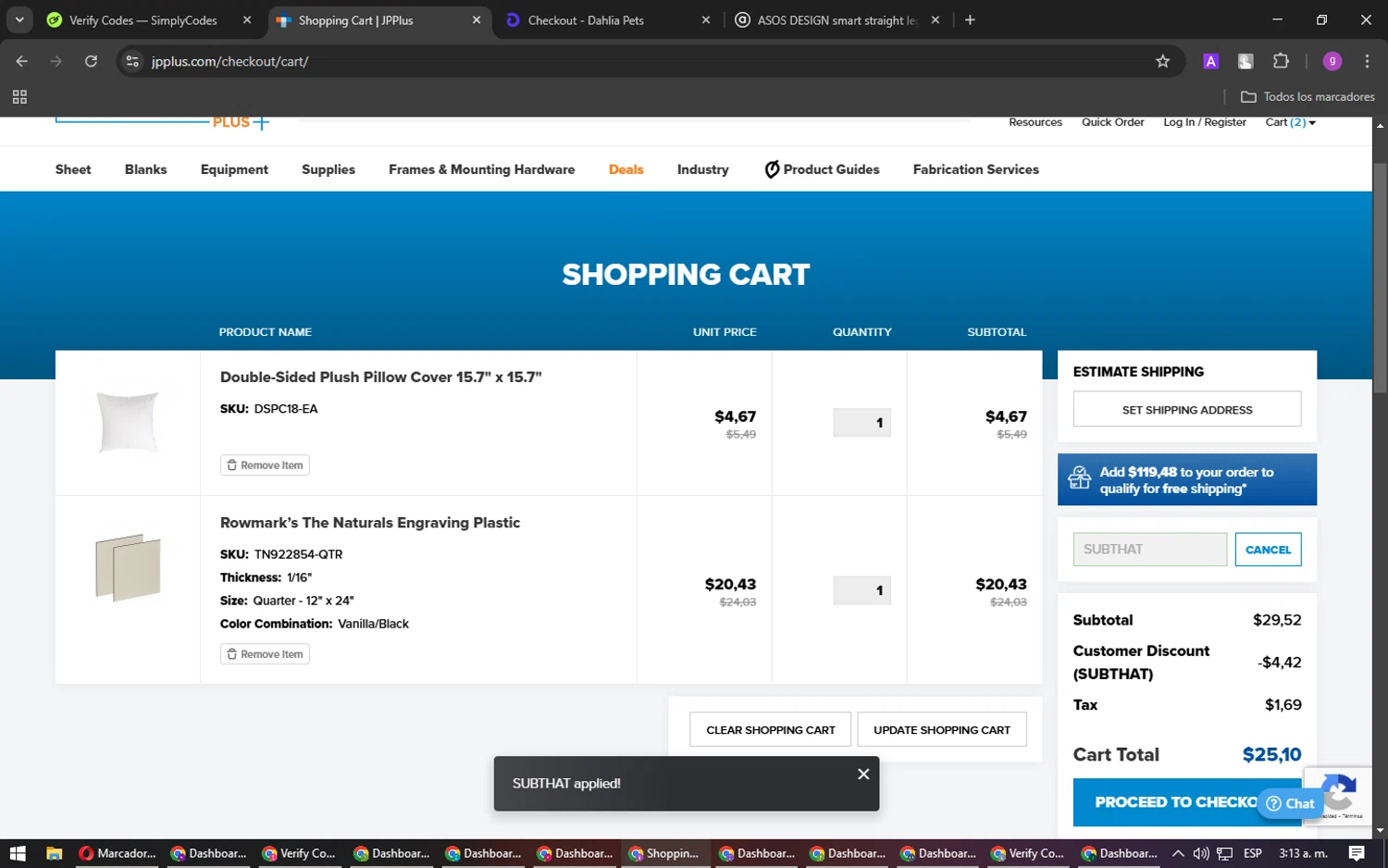 Johnson Plastics Plus promo code screenshot showing code SUBTHAT applied at Johnson Plastics Plus checkout page. Uploaded by SimplyCodes community member DealPilot7721 on Mar 20, 2025