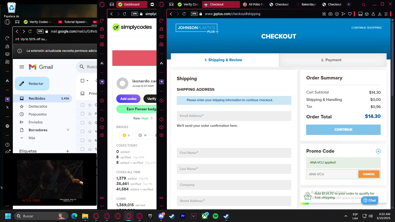 Johnson Plastics Plus promo code screenshot showing code ANA-VCU applied at Johnson Plastics Plus checkout page. Uploaded by SimplyCodes community member Halanweik on Mar 10, 2025