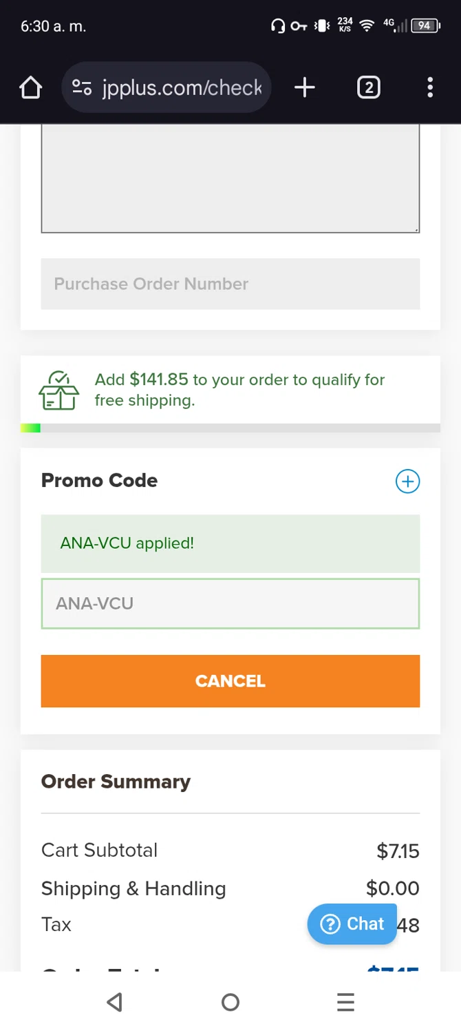 Johnson Plastics Plus promo code screenshot showing code ANA-VCU applied at Johnson Plastics Plus checkout page. Uploaded by SimplyCodes community member Vanmanuel on Feb 9, 2025