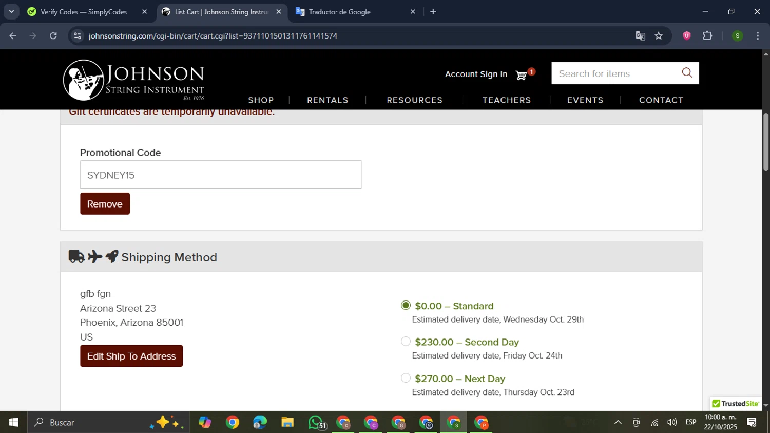 Johnson String Instrument promo code screenshot showing code SYDNEY15 applied at Johnson String Instrument checkout page. Uploaded by SimplyCodes community member RewardMaverick445 on Oct 22, 2025