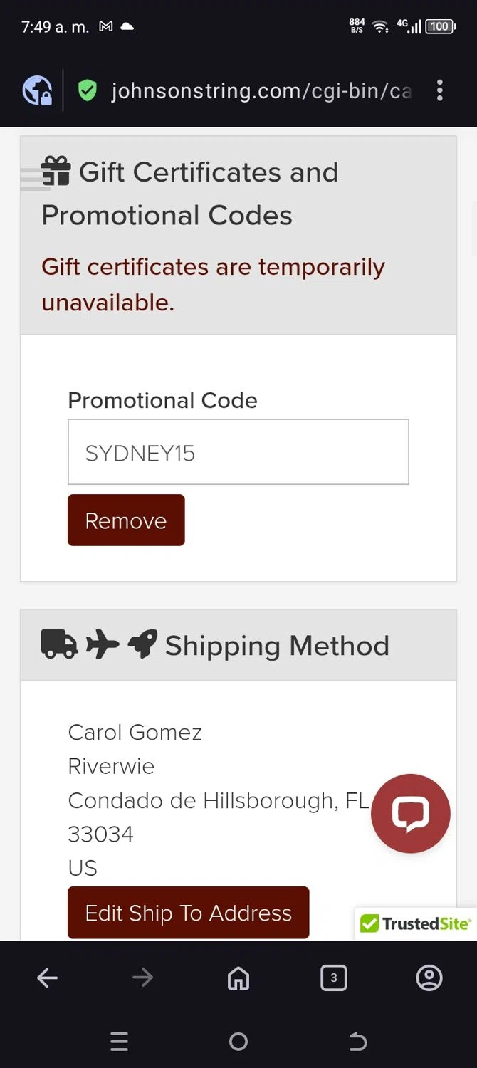 Johnson String Instrument promo code screenshot showing code SYDNEY15 applied at Johnson String Instrument checkout page. Uploaded by SimplyCodes community member WiseScout4178 on Jan 8, 2026