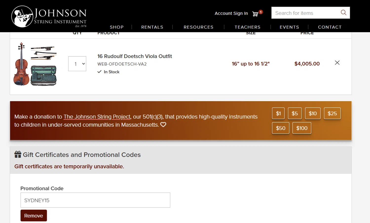 Johnson String Instrument promo code screenshot showing code SYDNEY15 applied at Johnson String Instrument checkout page. Uploaded by SimplyCodes community member hola_bebe on Dec 10, 2025
