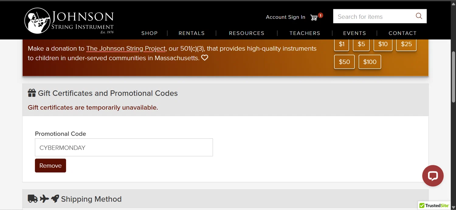Johnson String Instrument checkout page showing Johnson String Instrument promo code box | Screenshot taken by SimplyCodes community member on Nov 30, 2025