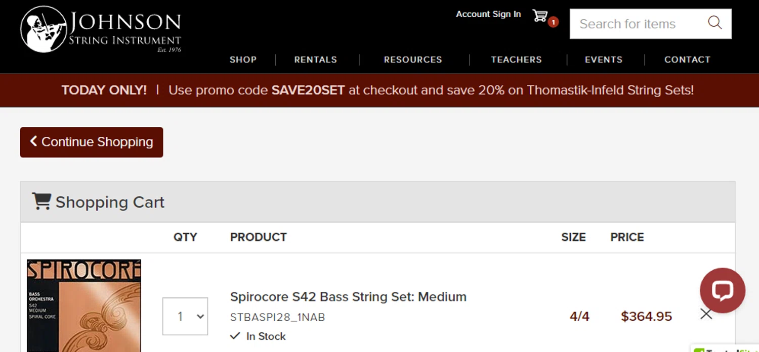 Johnson String Instrument promo code screenshot showing code SAVE20SET applied at Johnson String Instrument checkout page. Uploaded by SimplyCodes community member CURTIS on Feb 2, 2026