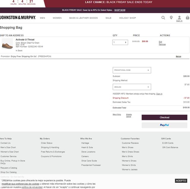 Johnston & Murphy checkout page showing Johnston & Murphy promo code box | Screenshot taken by SimplyCodes community member on Nov 29, 2024