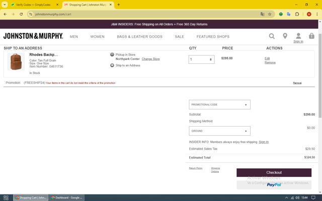 Johnston & Murphy checkout page showing Johnston & Murphy promo code box | Screenshot taken by SimplyCodes community member on Oct 4, 2024