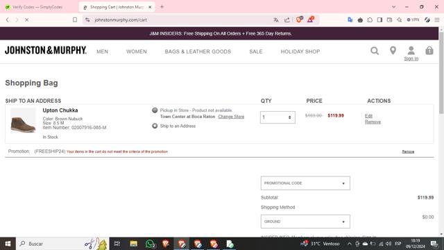 Johnston & Murphy checkout page showing Johnston & Murphy promo code box | Screenshot taken by SimplyCodes community member on Dec 9, 2024