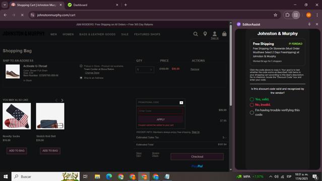 Johnston & Murphy checkout page showing Johnston & Murphy promo code box | Screenshot taken by SimplyCodes community member on Jun 17, 2025