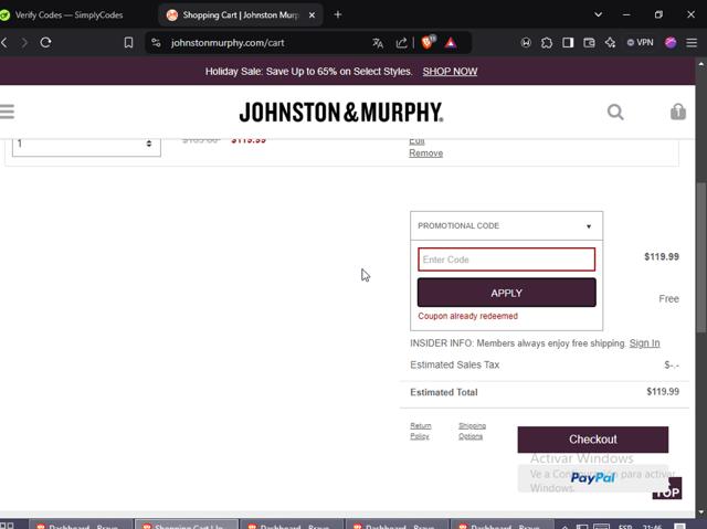 Johnston & Murphy checkout page showing Johnston & Murphy promo code box | Screenshot taken by SimplyCodes community member on Dec 17, 2024