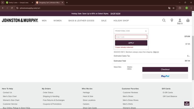 Johnston & Murphy checkout page showing Johnston & Murphy promo code box | Screenshot taken by SimplyCodes community member on Dec 17, 2024