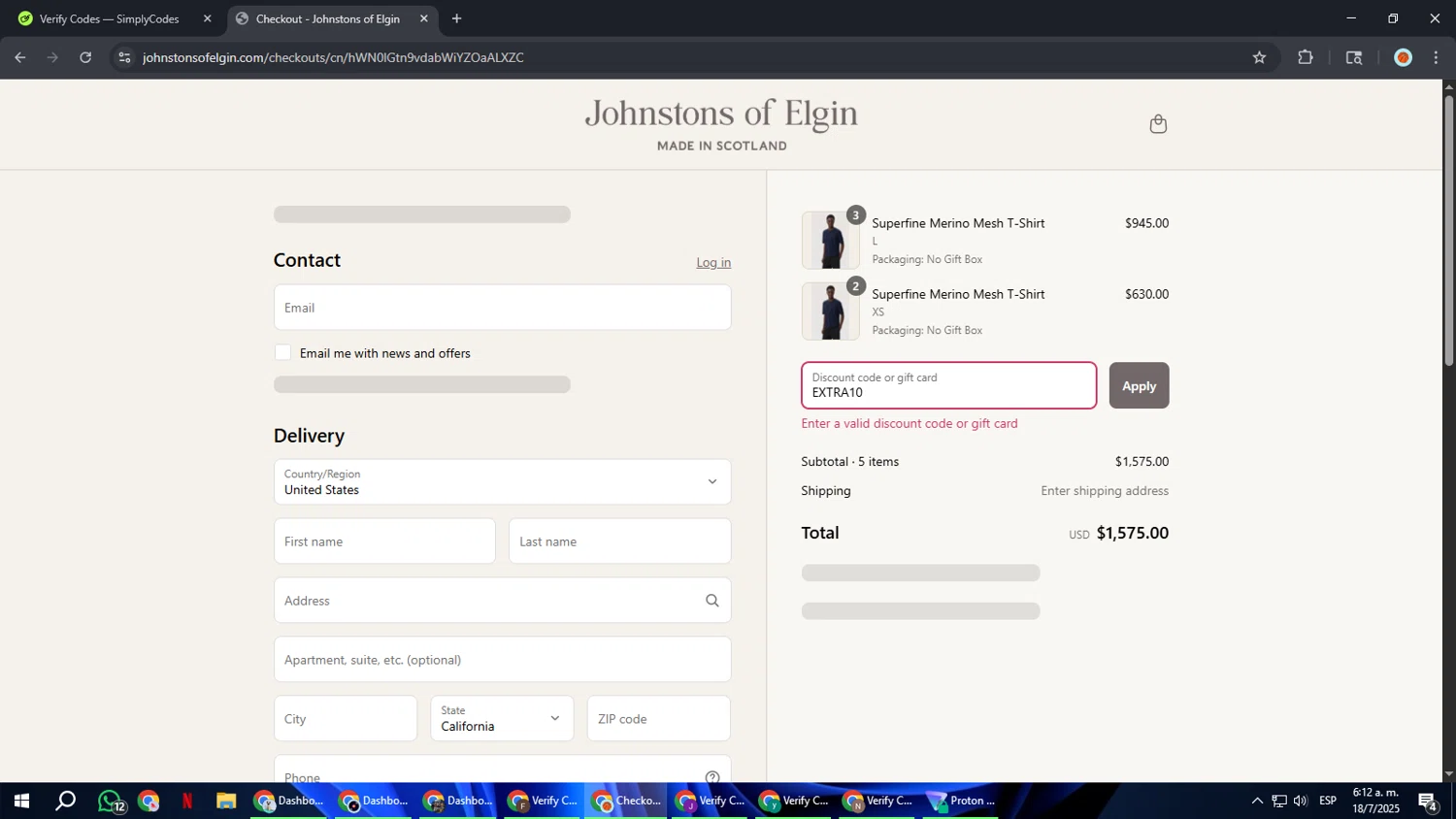 Johnstons of Elgin promo code screenshot showing code EXTRA10 applied at Johnstons of Elgin checkout page. Uploaded by SimplyCodes community member BonusCaptain9927 on Jul 18, 2025