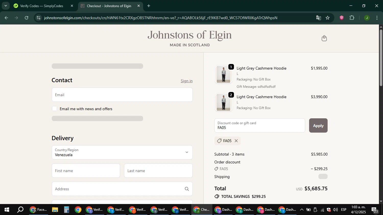 Johnstons of Elgin promo code screenshot showing code FA05 applied at Johnstons of Elgin checkout page. Uploaded by SimplyCodes community member ShieldFinder369 on Dec 4, 2025