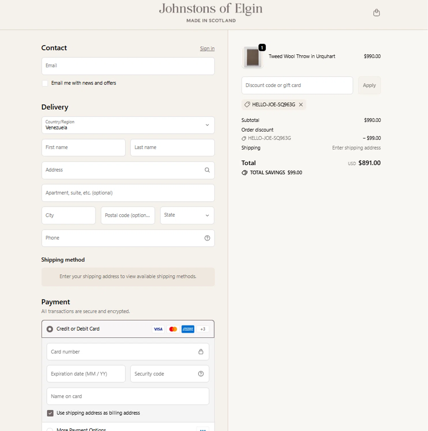 Johnstons of Elgin promo code screenshot showing code HELLO-JOE-SQ963G applied at Johnstons of Elgin checkout page. Uploaded by SimplyCodes community member reggiesmith on Jan 27, 2026