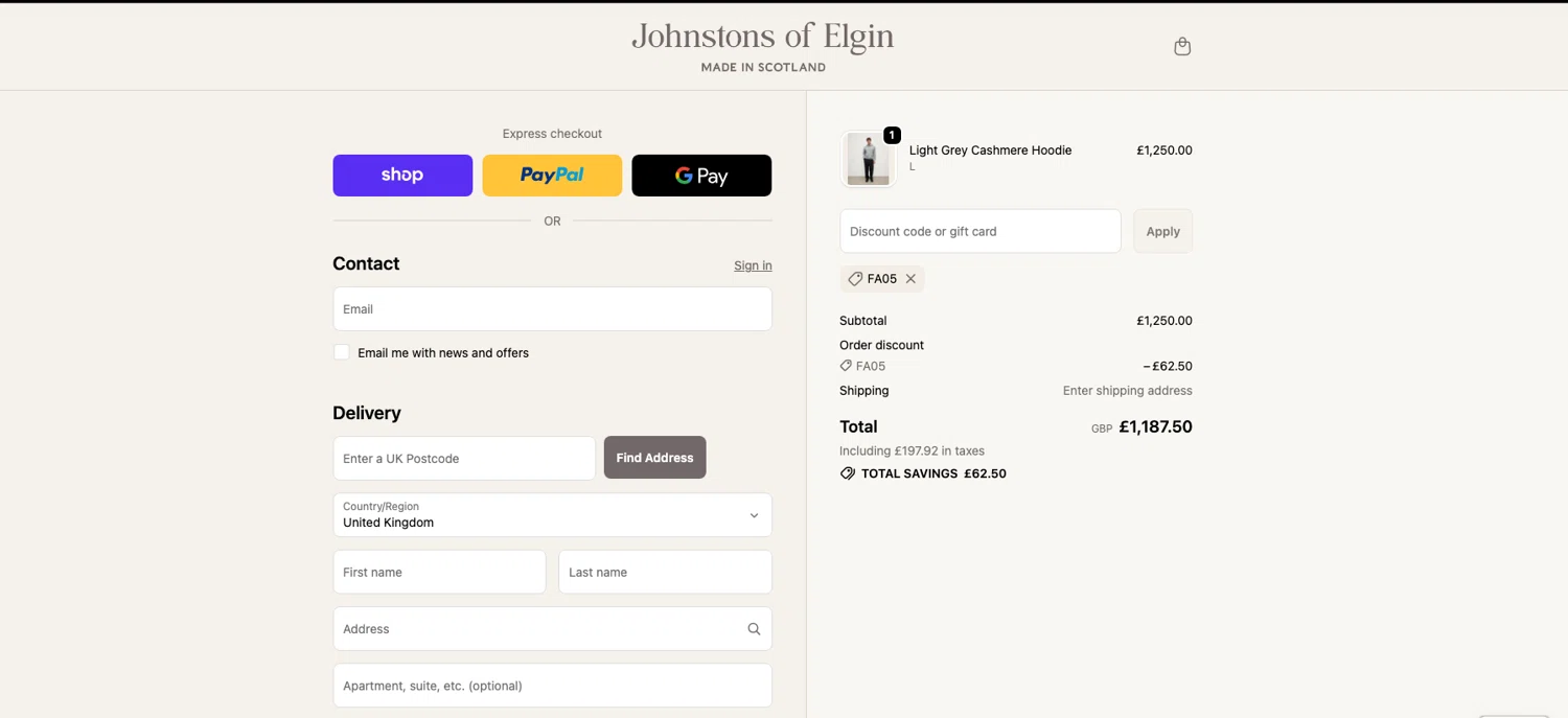 Johnstons of Elgin promo code screenshot showing code FA05 applied at Johnstons of Elgin checkout page. Uploaded by SimplyCodes community member ELOIN777 on Nov 5, 2025