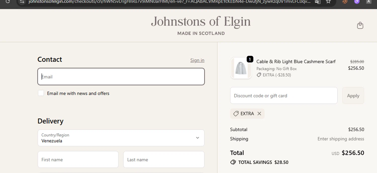 Johnstons of Elgin promo code screenshot showing code EXTRA applied at Johnstons of Elgin checkout page. Uploaded by SimplyCodes community member javierprez on Dec 1, 2025