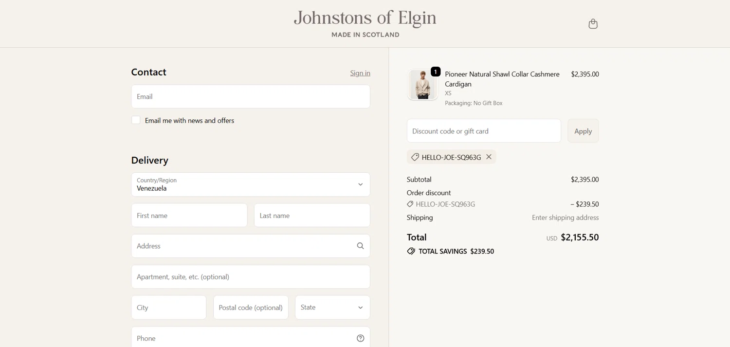 Johnstons of Elgin promo code screenshot showing code HELLO-JOE-SQ963G applied at Johnstons of Elgin checkout page. Uploaded by SimplyCodes community member marielysmorales on Nov 27, 2025