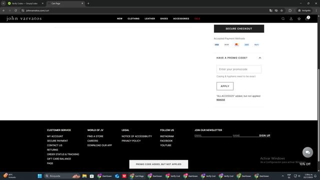John Varvatos checkout page showing John Varvatos promo code box | Screenshot taken by SimplyCodes community member on Jul 22, 2025